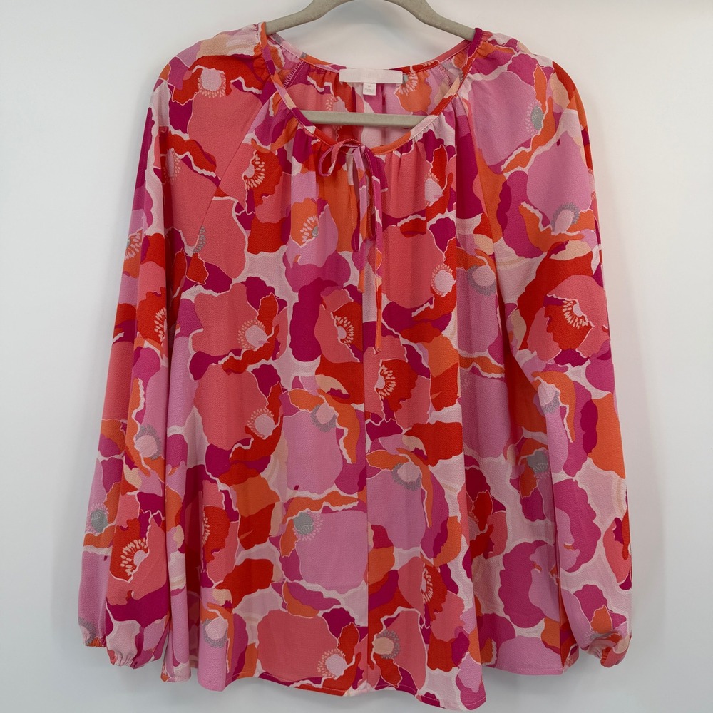 Adyson Parker Pink Orange Floral Poppy Tie‎ Neck Long Sleeve Blouse Medium 70s